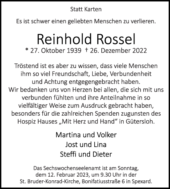 Traueranzeige von Reinhold Rossel von Die Glocke