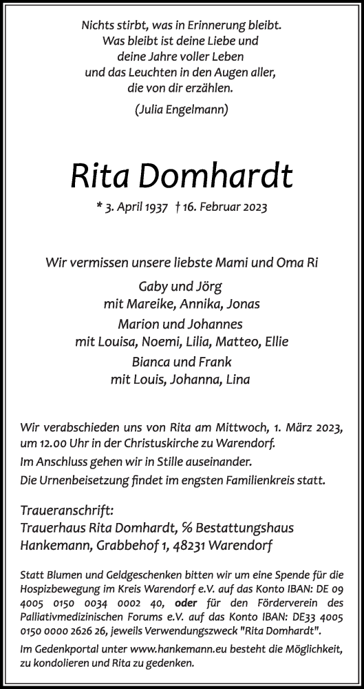 Traueranzeige von Rita Domhardt von Die Glocke
