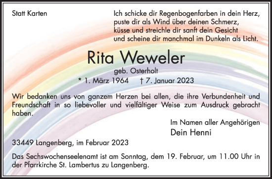 Traueranzeige von Rita Weweler von Die Glocke