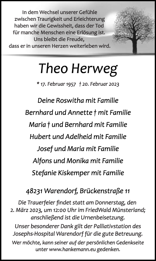 Traueranzeige von Theo Herweg von Die Glocke