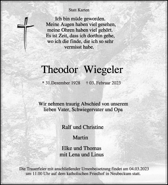 Traueranzeige von Theodor Wiegeler von Die Glocke