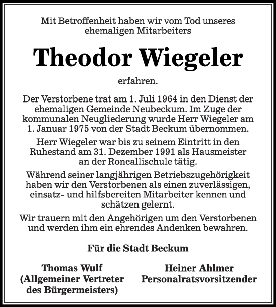 Traueranzeige von Theodor Wiegeler von Die Glocke