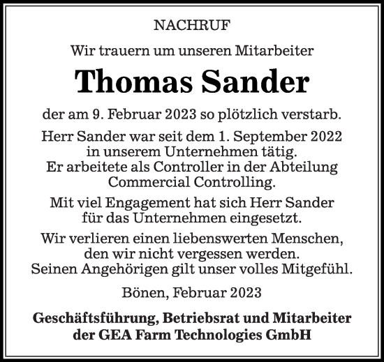 Traueranzeige von Thomas Sander von Die Glocke