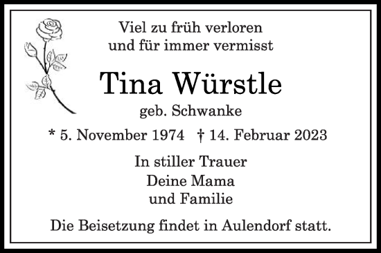 Traueranzeige von Tina Würstle von Die Glocke