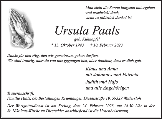 Traueranzeige von Ursula Paals von Die Glocke