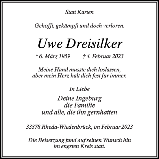 Traueranzeige von Uwe Dreisilker von Die Glocke