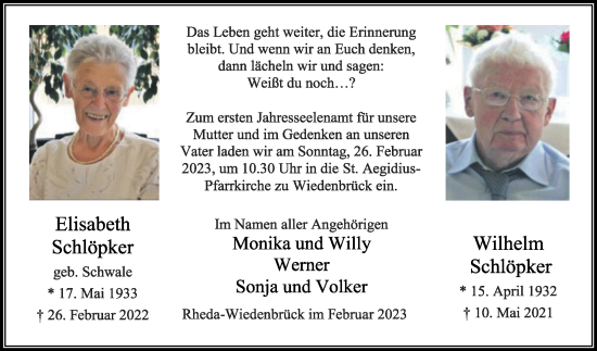 Traueranzeige von Wilhelm Schlöpker von Die Glocke