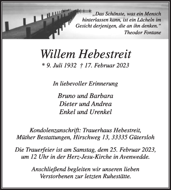 Traueranzeige von Willem Hebestreit von Die Glocke