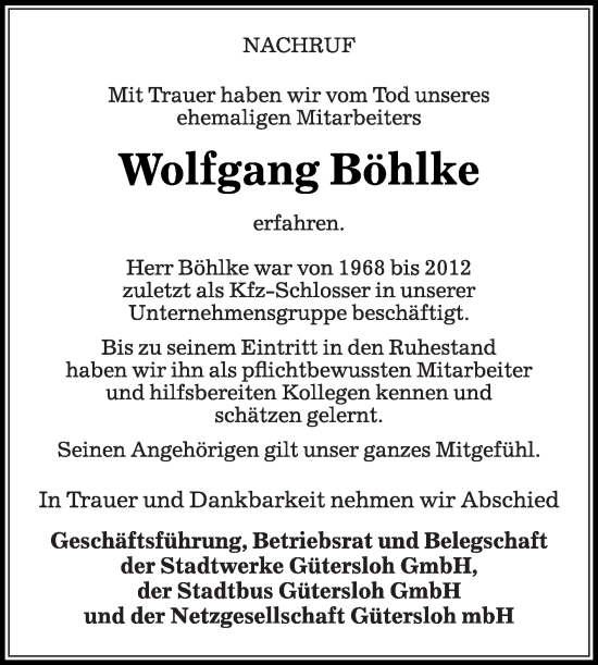 Traueranzeige von Wolfgang Böhlke von Die Glocke