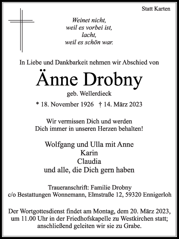  Traueranzeige für Änne Drobny vom 18.03.2023 aus Die Glocke