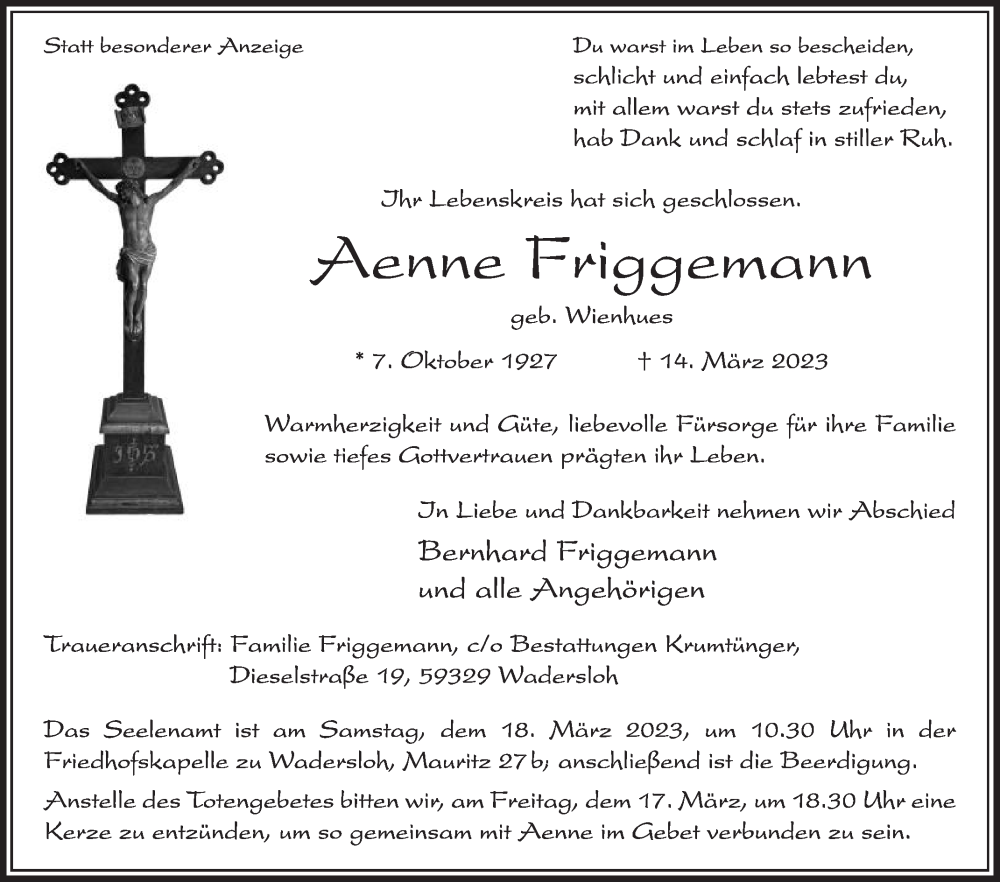  Traueranzeige für Aenne Friggemann vom 16.03.2023 aus Die Glocke