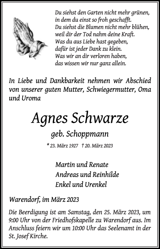 Traueranzeige von Agnes Schwarze von Die Glocke