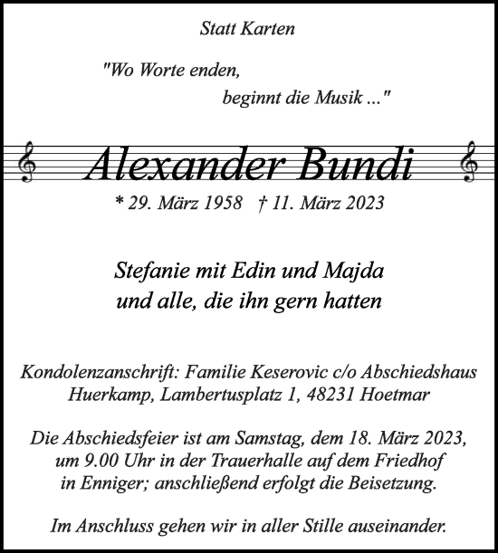 Traueranzeige von Alexander Bundi von Die Glocke