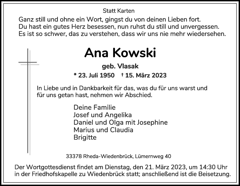  Traueranzeige für Ana Kowski vom 17.03.2023 aus Die Glocke