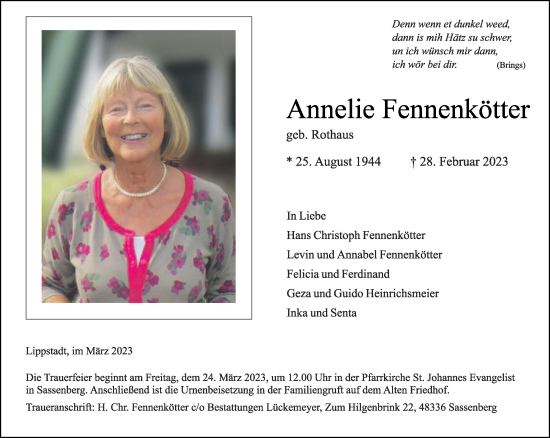 Traueranzeige von Annelie Fennenkötter von Die Glocke