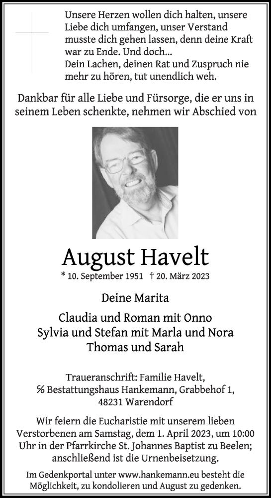 Traueranzeige von August Havelt von Die Glocke