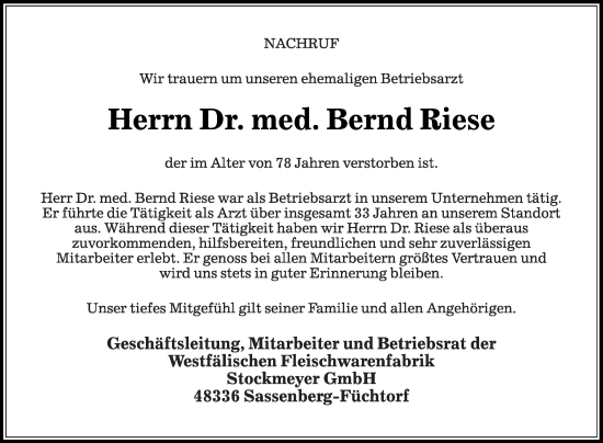 Traueranzeige von Bernd Riese von Die Glocke