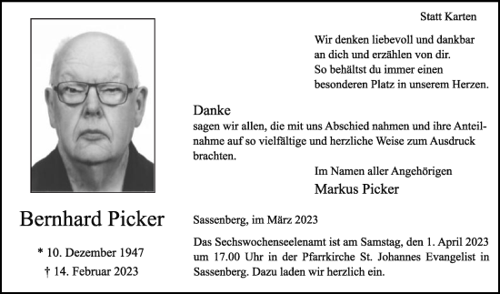 Traueranzeige von Bernhard Picker von Die Glocke