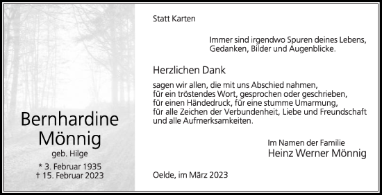 Traueranzeige von Bernhardine Mönnig von Die Glocke