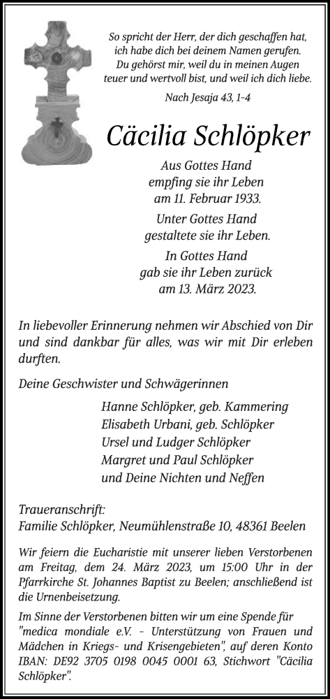 Traueranzeige von Cäcilia Schlöpker von Die Glocke