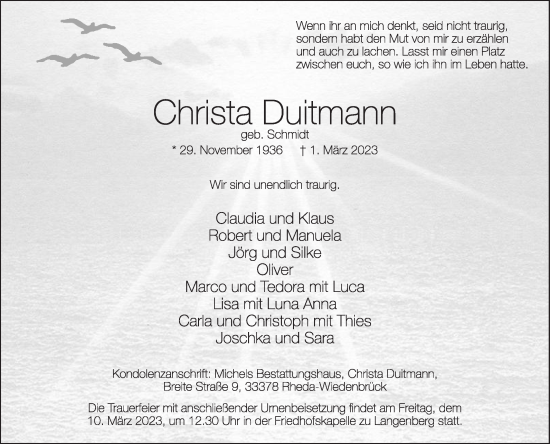 Traueranzeige von Christa Duitmann von Die Glocke