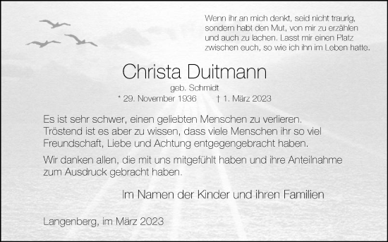 Traueranzeige von Christa Duitmann von Die Glocke