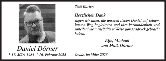 Traueranzeige von Daniel Dörner von Die Glocke