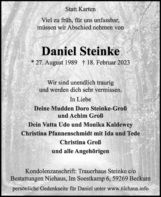Traueranzeige von Daniel Steinke von Die Glocke