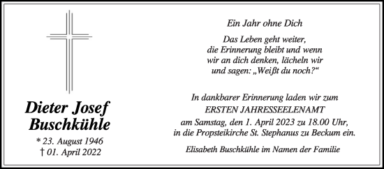 Traueranzeige von Dieter Josef Buschkühle von Die Glocke