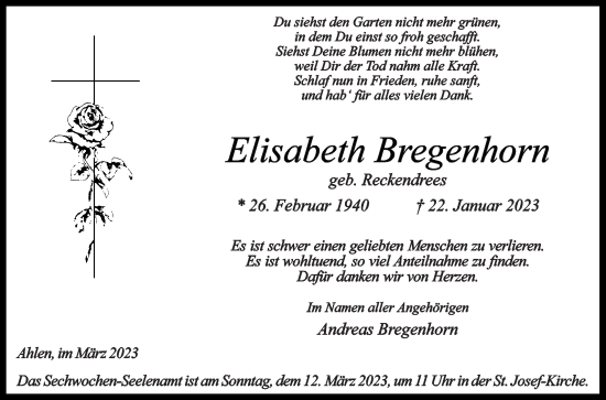 Traueranzeige von Elisabeth Bregenhorn von Die Glocke