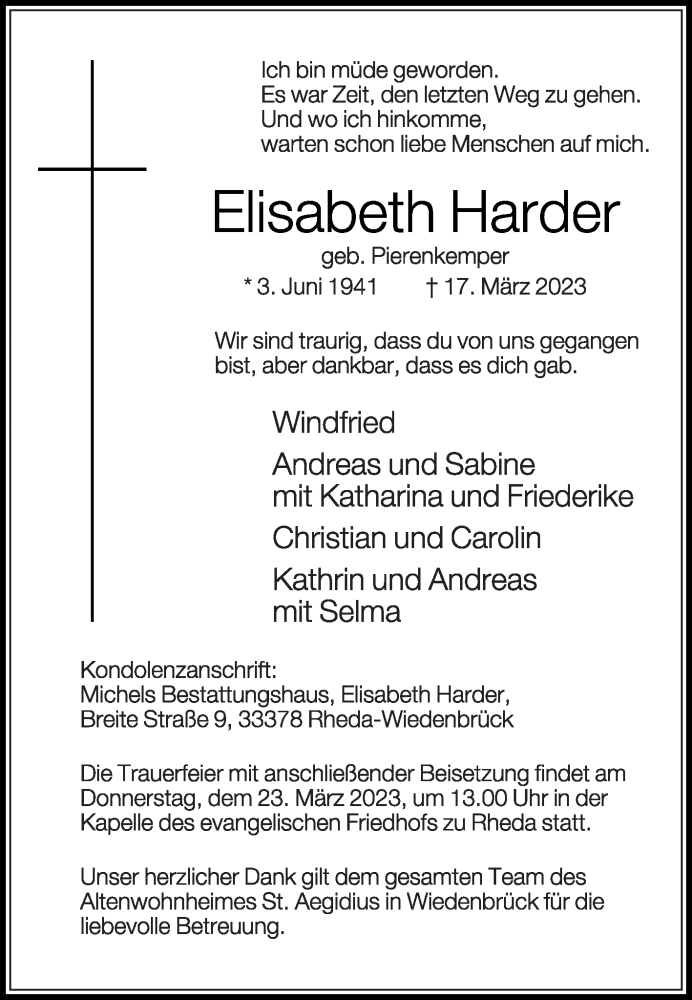  Traueranzeige für Elisabeth Harder vom 21.03.2023 aus Die Glocke