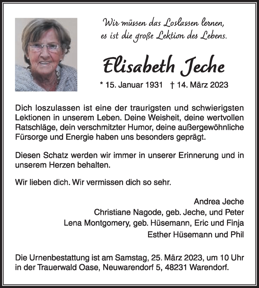  Traueranzeige für Elisabeth Jeche vom 18.03.2023 aus Die Glocke