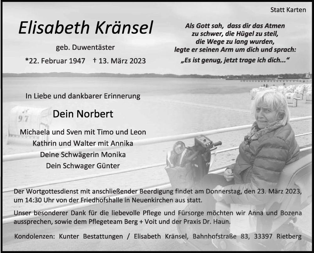  Traueranzeige für Elisabeth Kränsel vom 18.03.2023 aus Die Glocke