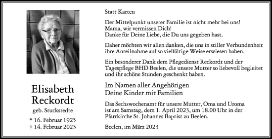 Traueranzeige von Elisabeth Reckordt von Die Glocke
