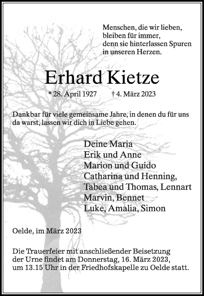  Traueranzeige für Erhard Kietze vom 11.03.2023 aus Die Glocke