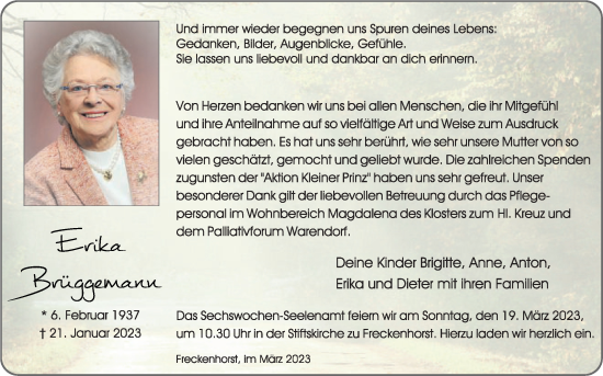 Traueranzeige von Erika Brüggemann von Die Glocke