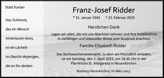 Traueranzeige von Franz-Josef Ridder von Die Glocke