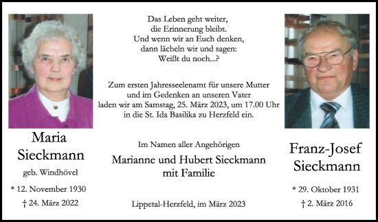 Traueranzeige von Franz-Josef Sieckmann von Die Glocke