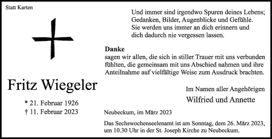 Traueranzeige von Fritz Wiegeler von Die Glocke