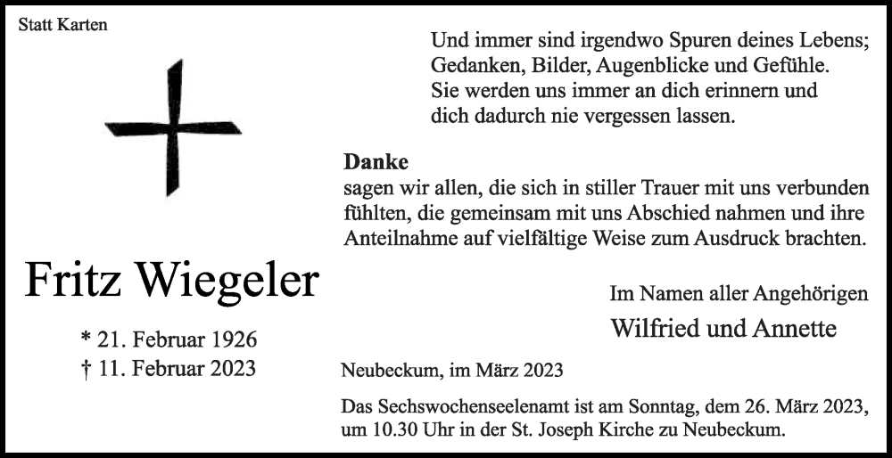  Traueranzeige für Fritz Wiegeler vom 18.03.2023 aus Die Glocke