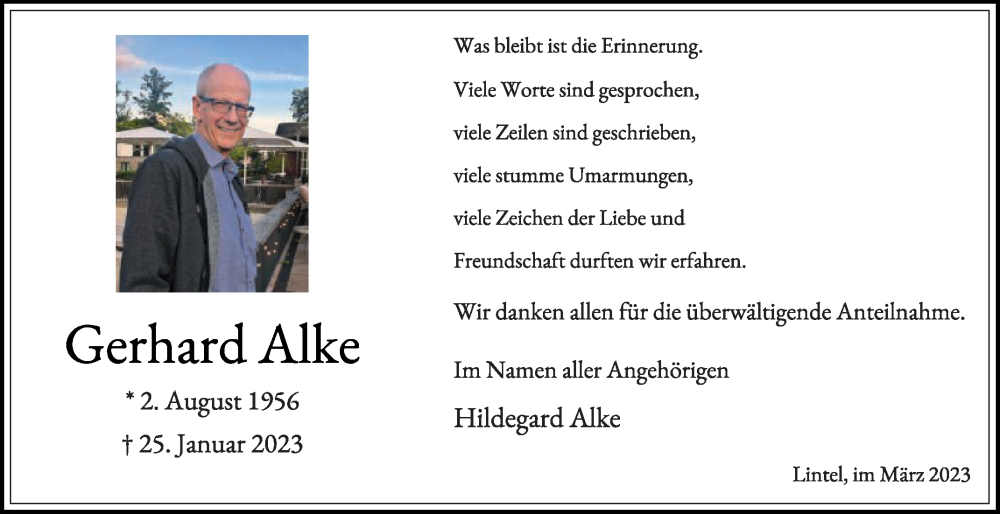  Traueranzeige für Gerhard Alke vom 08.03.2023 aus Die Glocke
