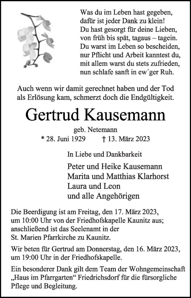  Traueranzeige für Gertrud Kausemann vom 15.03.2023 aus Die Glocke