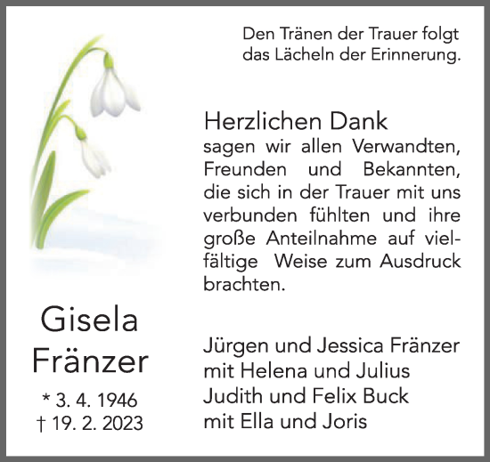Traueranzeige von Gisela Fränzer von Die Glocke