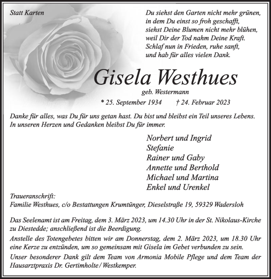 Traueranzeige von Gisela Westhues von Die Glocke