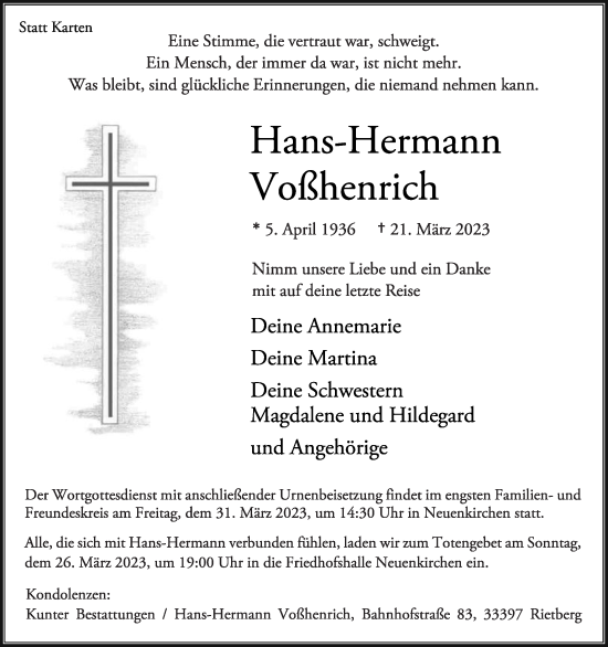 Traueranzeige von Hans-Hermann Voßhenrich von Die Glocke