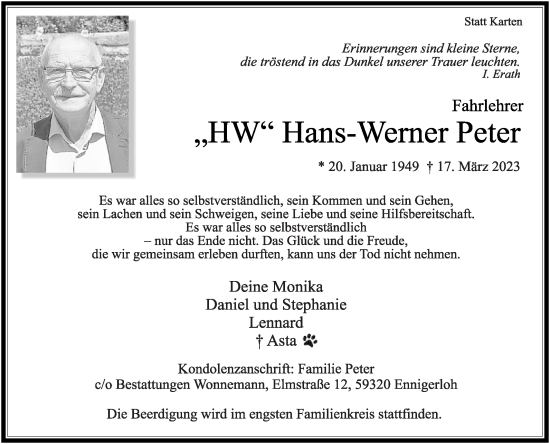 Traueranzeige von Hans-Werner Peter von Die Glocke