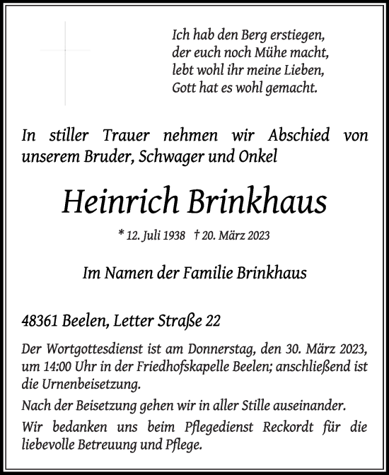 Traueranzeige von Heinrich Brinkhaus von Die Glocke