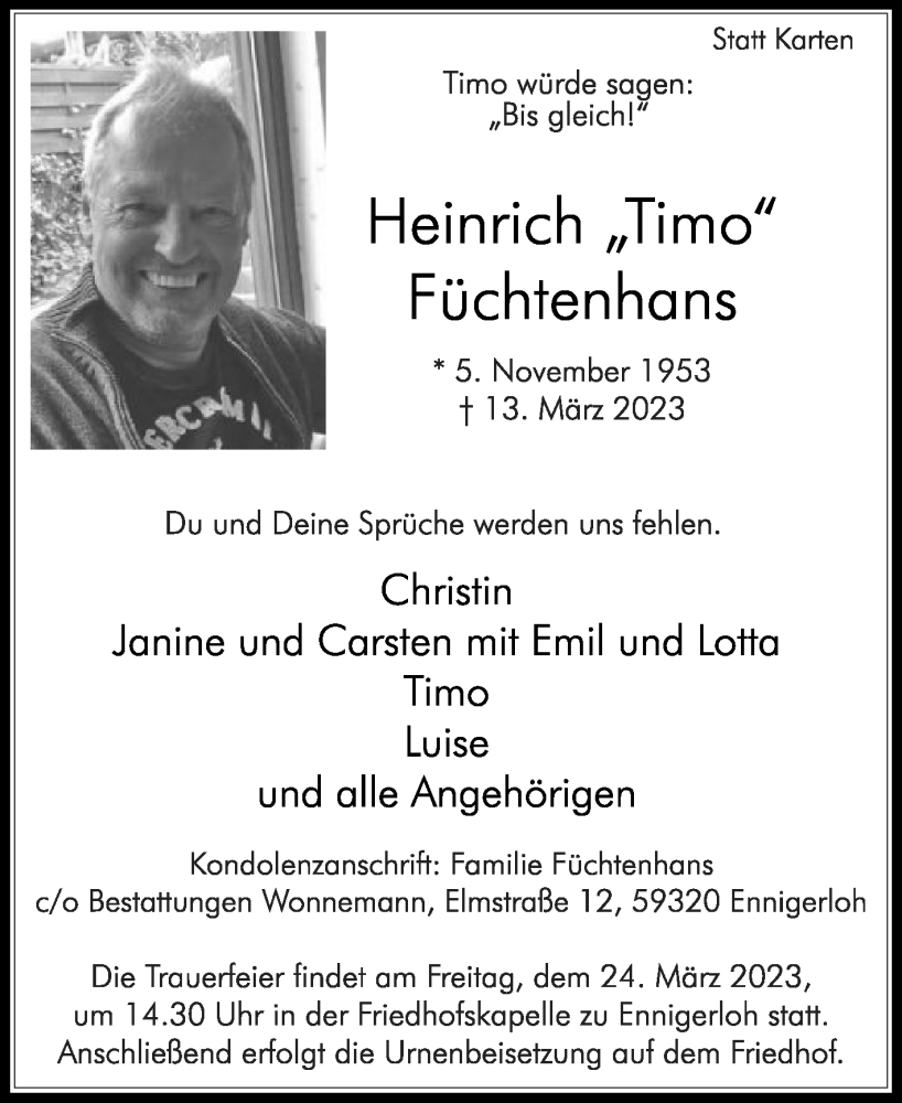  Traueranzeige für Heinrich Füchtenhans vom 18.03.2023 aus Die Glocke