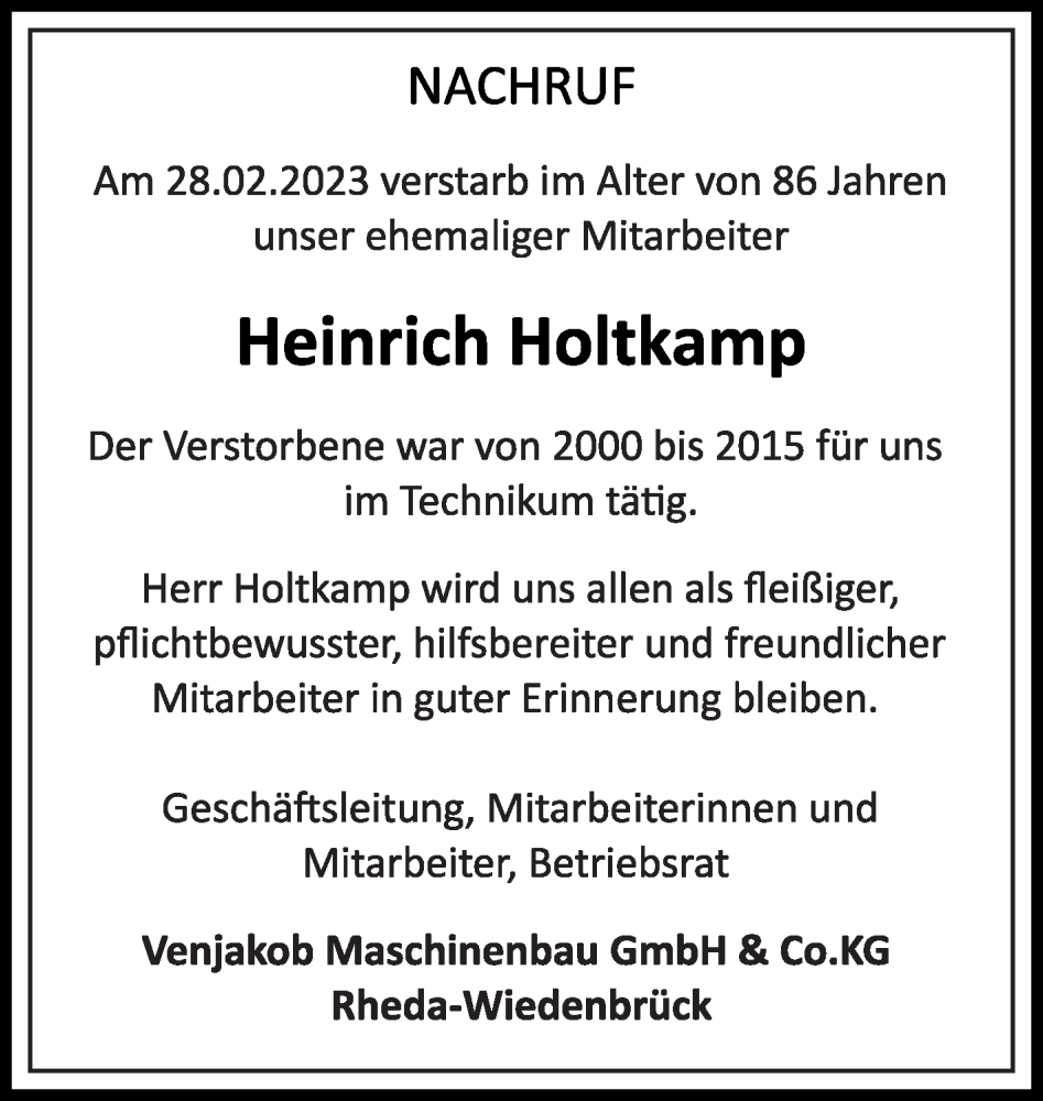  Traueranzeige für Heinrich Holtkamp vom 11.03.2023 aus Die Glocke