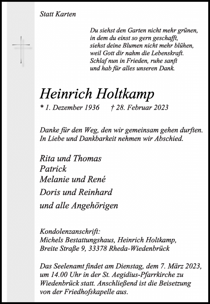  Traueranzeige für Heinrich Holtkamp vom 04.03.2023 aus Die Glocke